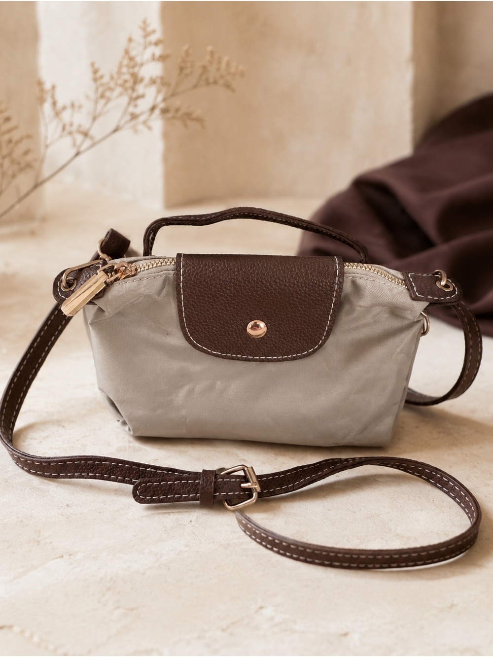 Mini Taupe Nylon Crossbody Top Handle Bag Brown Trim Quiet Luxury Travel Chic